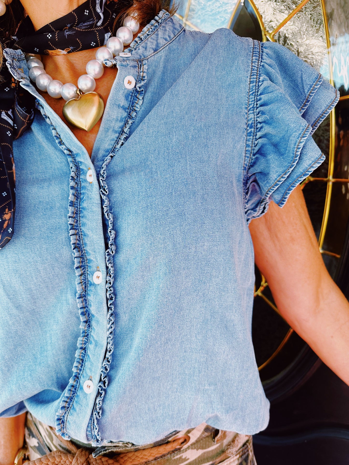 Chambray Ruffle Trim Flutter Top
