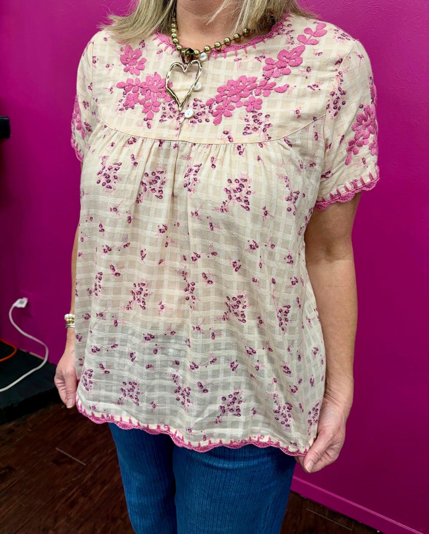 Ivory Pink Embroidery Nora Top