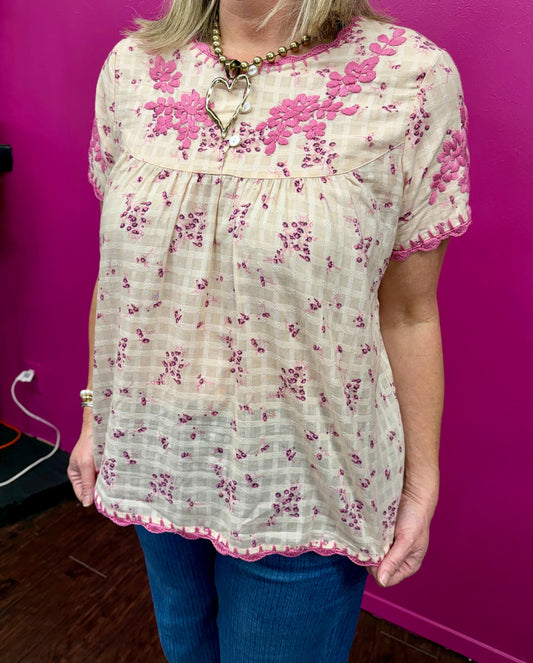Ivory Pink Embroidery Nora Top