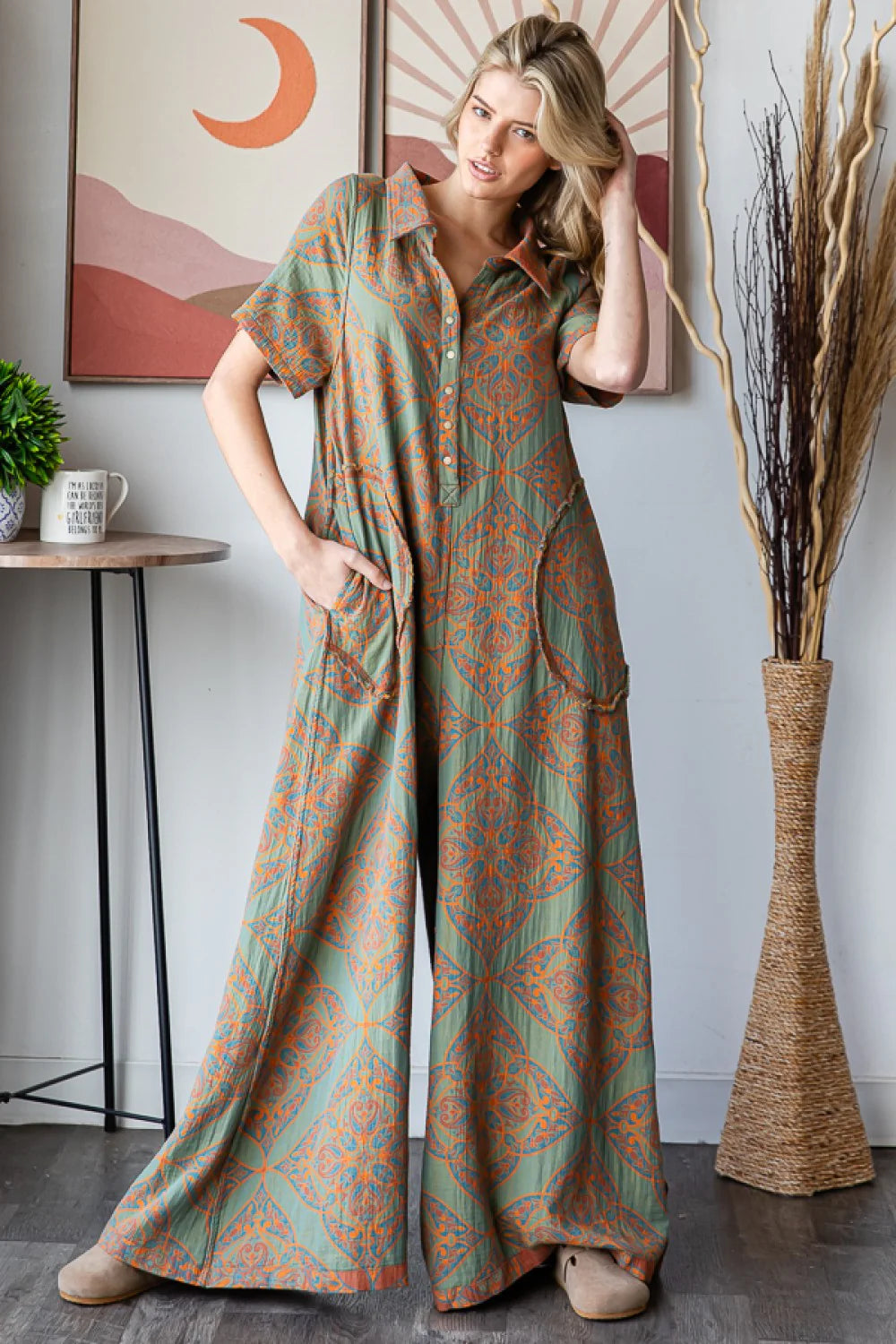 Teal/Rust Printed Reversible Jumpsuit