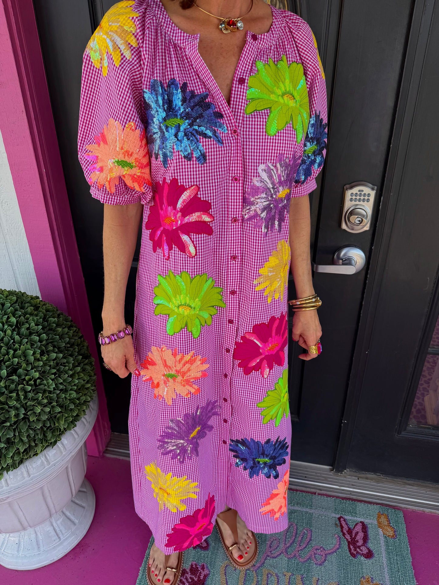 Pink Gingham Flower Midi Dress