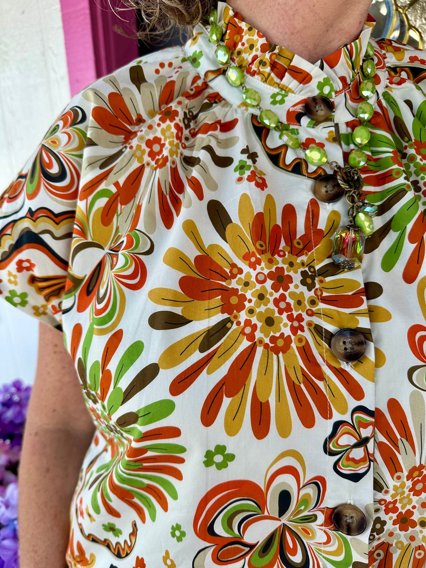 Cream Flower Print Button Dress