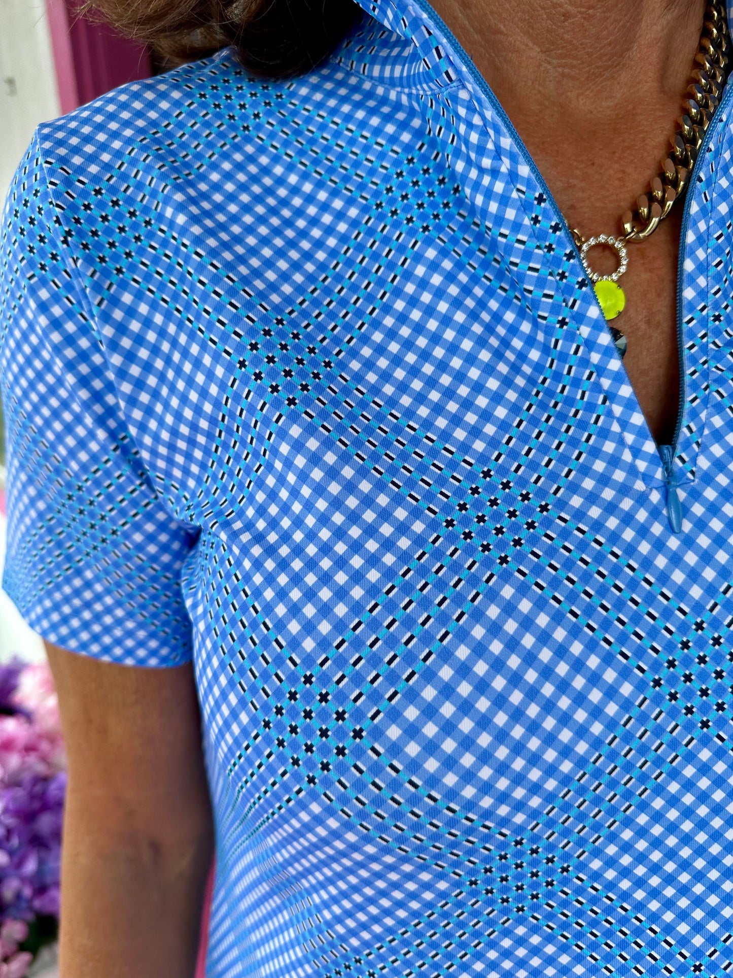 Blue Checkered Zip SS Dress