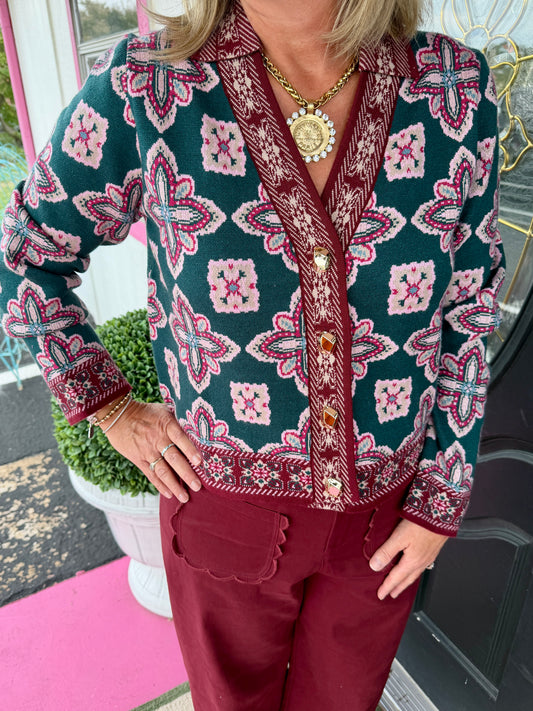 Grn/Pink V-Neck Cardigan