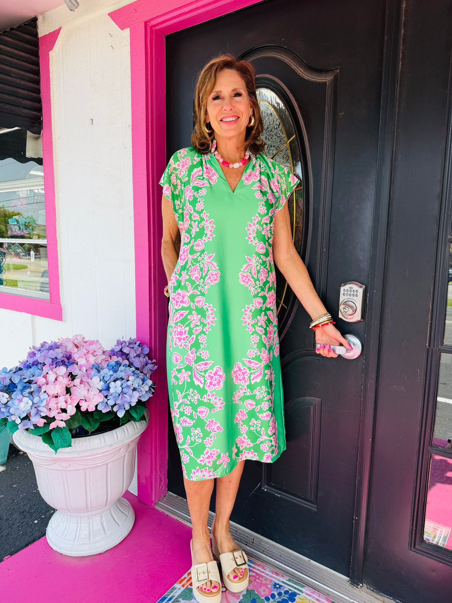 Green Satin Floral Dress