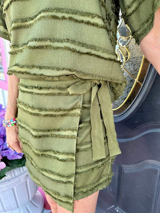 Olive Fringe Ribbon Tie Skirt Set