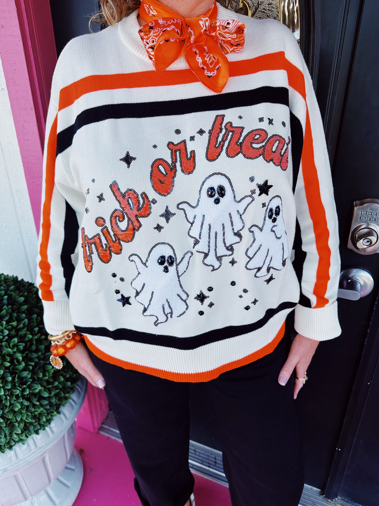 White Stripe Trick or Treat Sweater