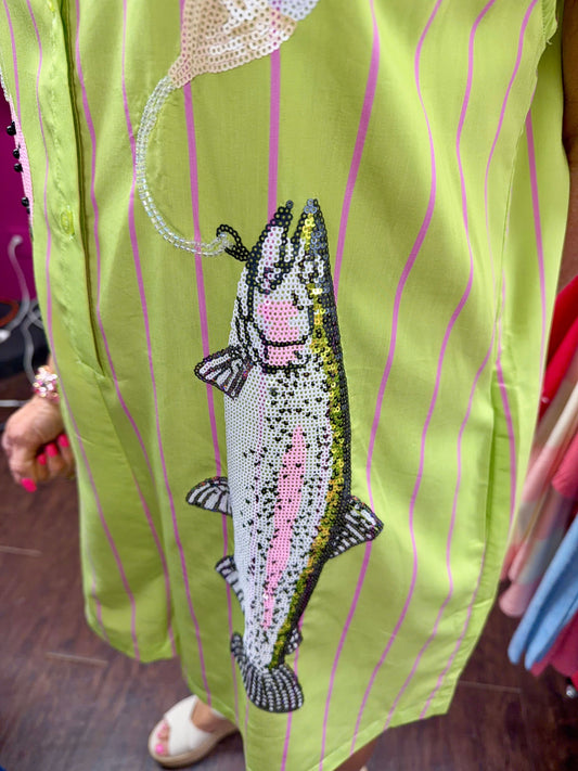 Lime Gr & Pink Stripe Fish Romper