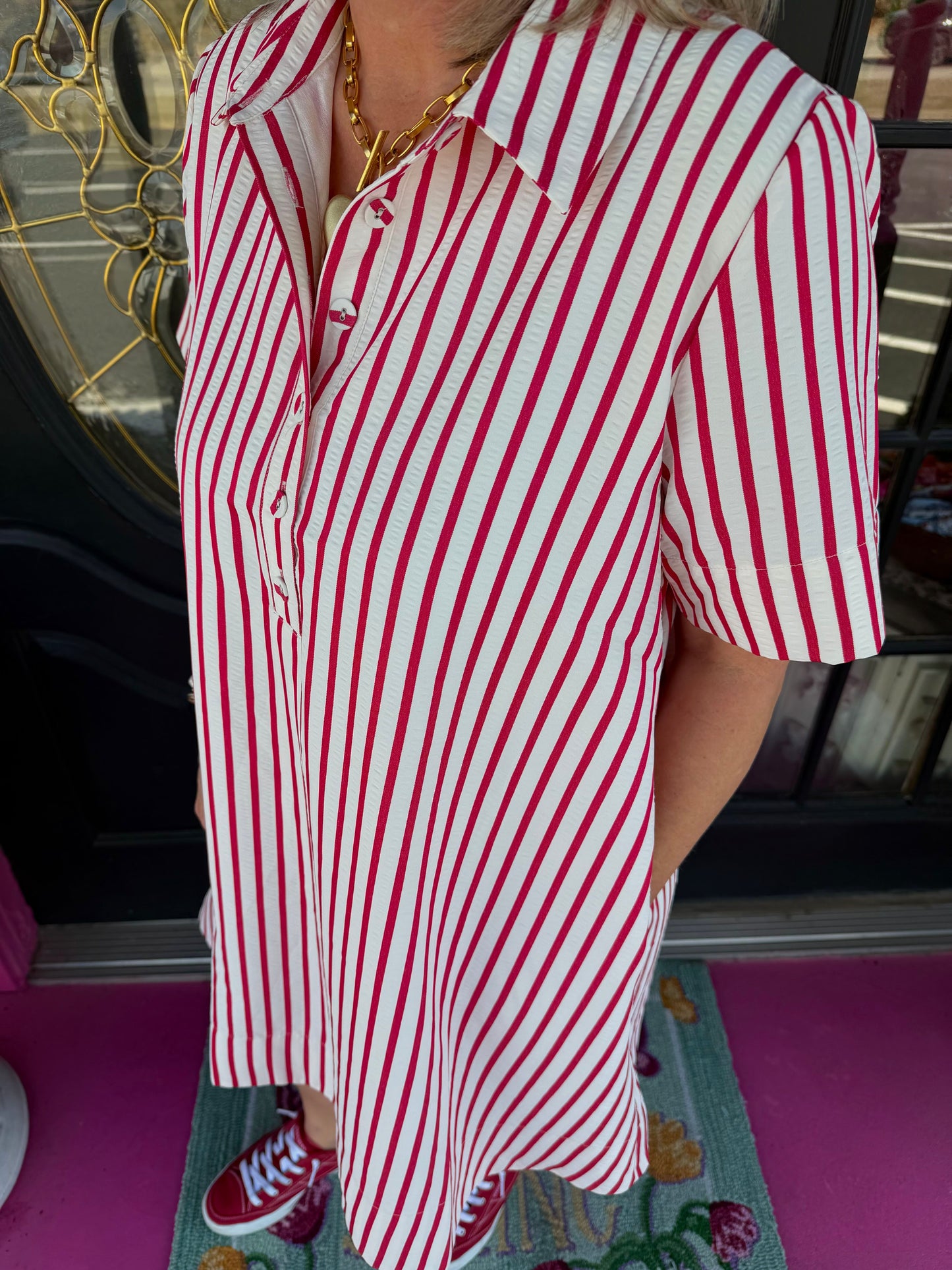 Red SS Striped Button Up Dress