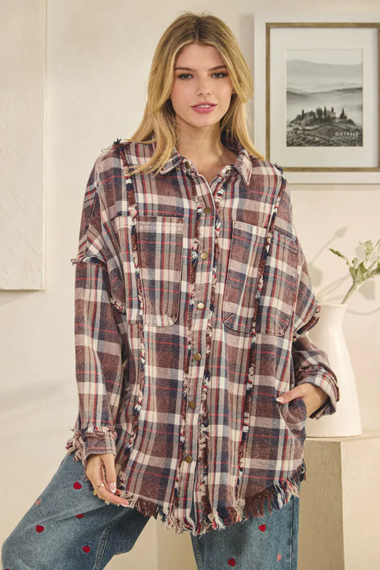 Washed Navy Plaid Snap Jacket