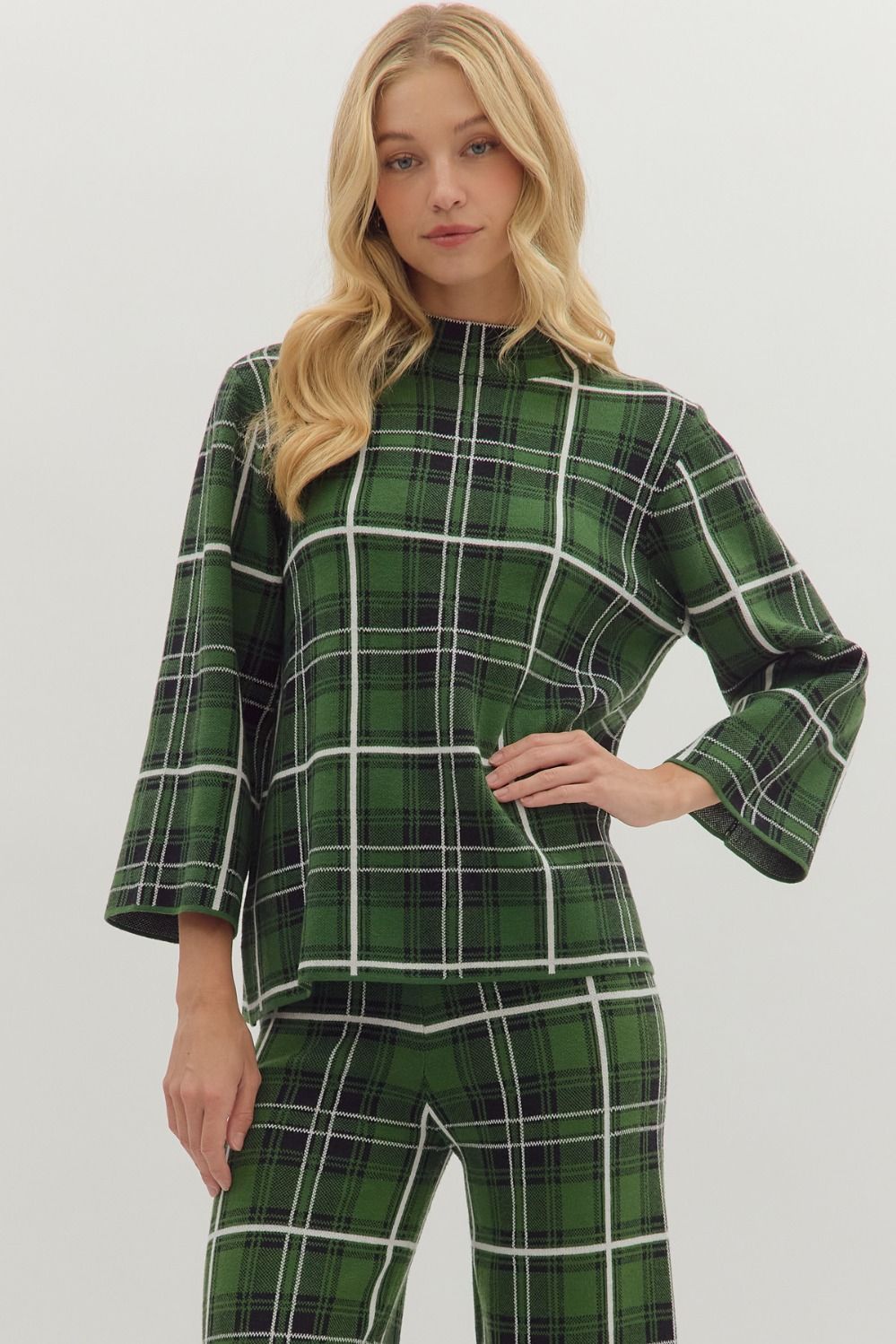 3/4" Sleeve Plaid Sweater