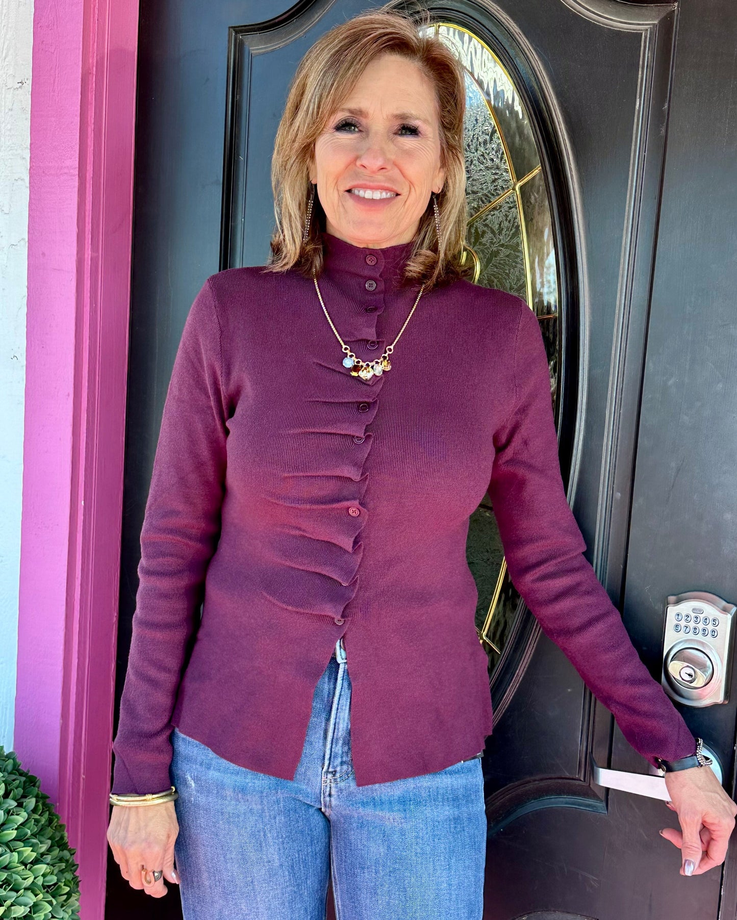Burgundy Pleat Button Knit Top