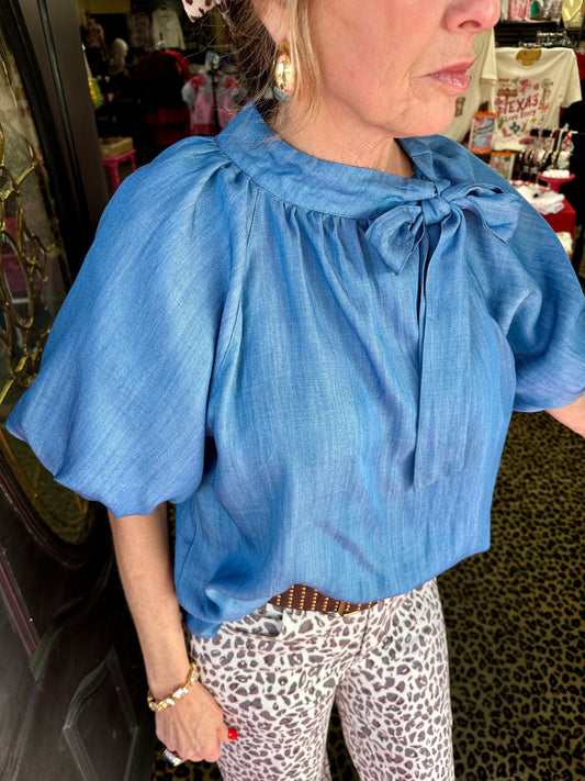 Blue Puff Tie Knot Collar Top