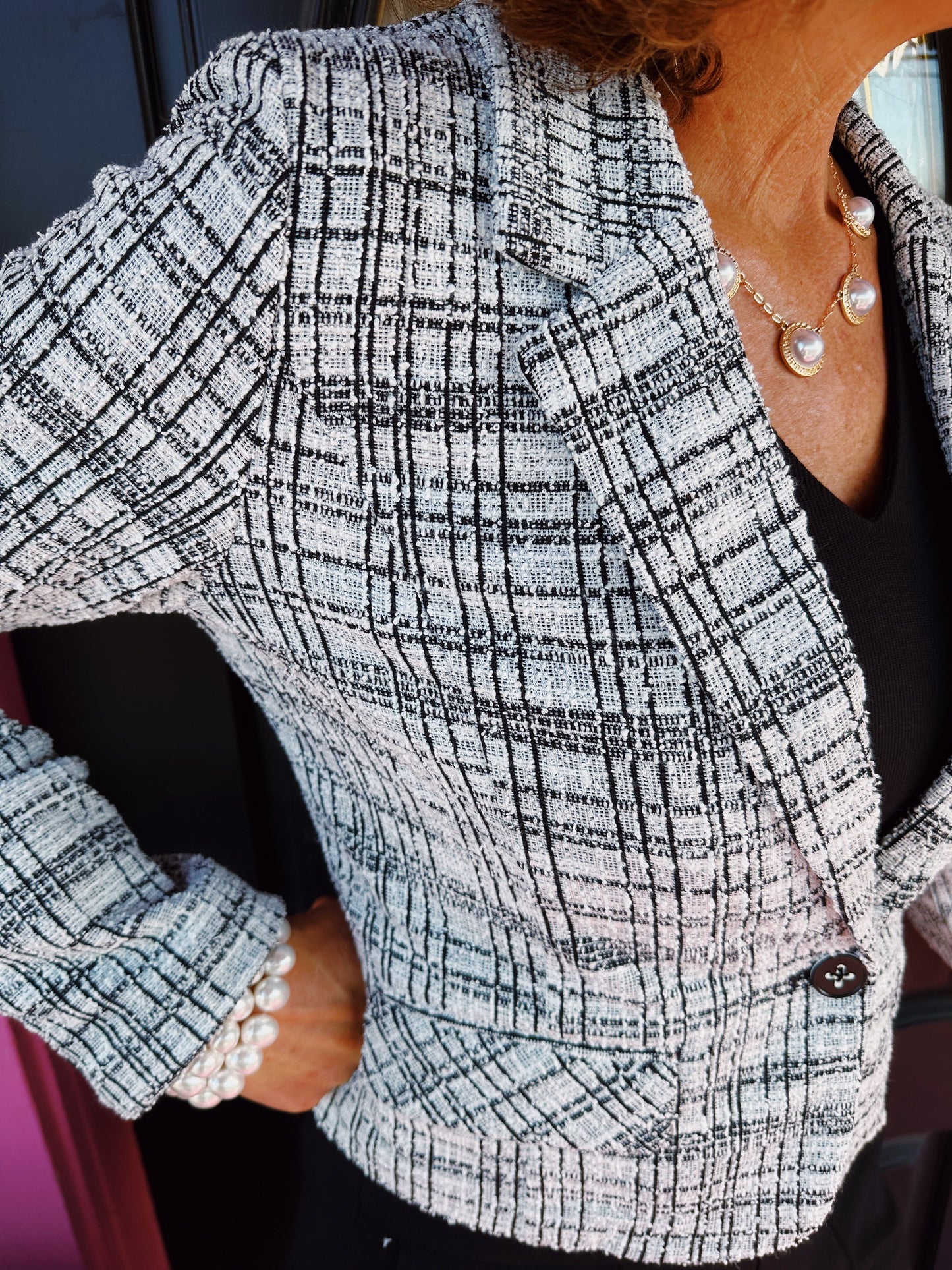 Black White Plaid Cropped Blazer