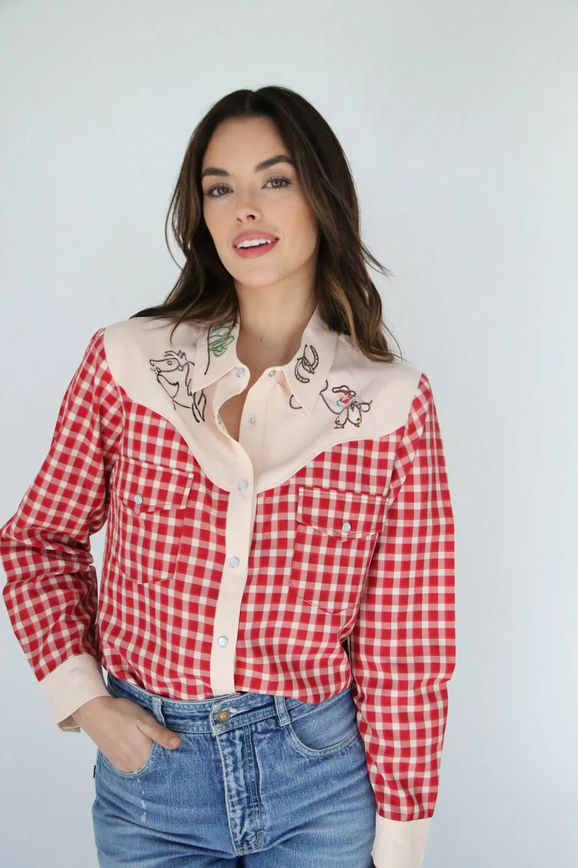 Red Gingham Emb Cowboy Top