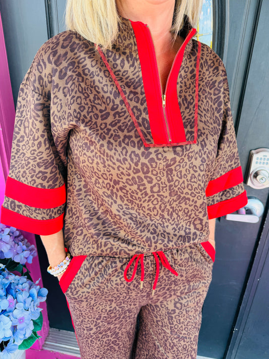 Leopard Pant Set w/Red Trim