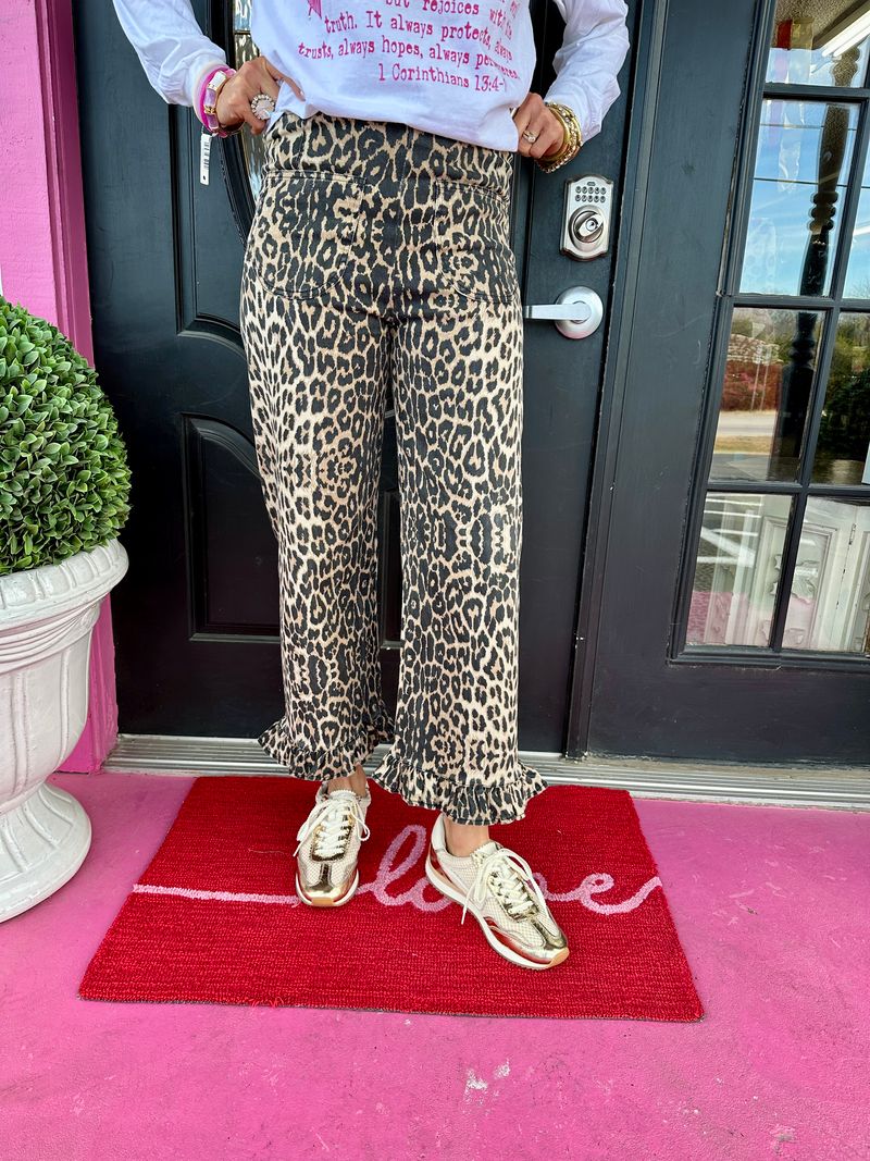 Light Leopard Zipper Ruffle Pant