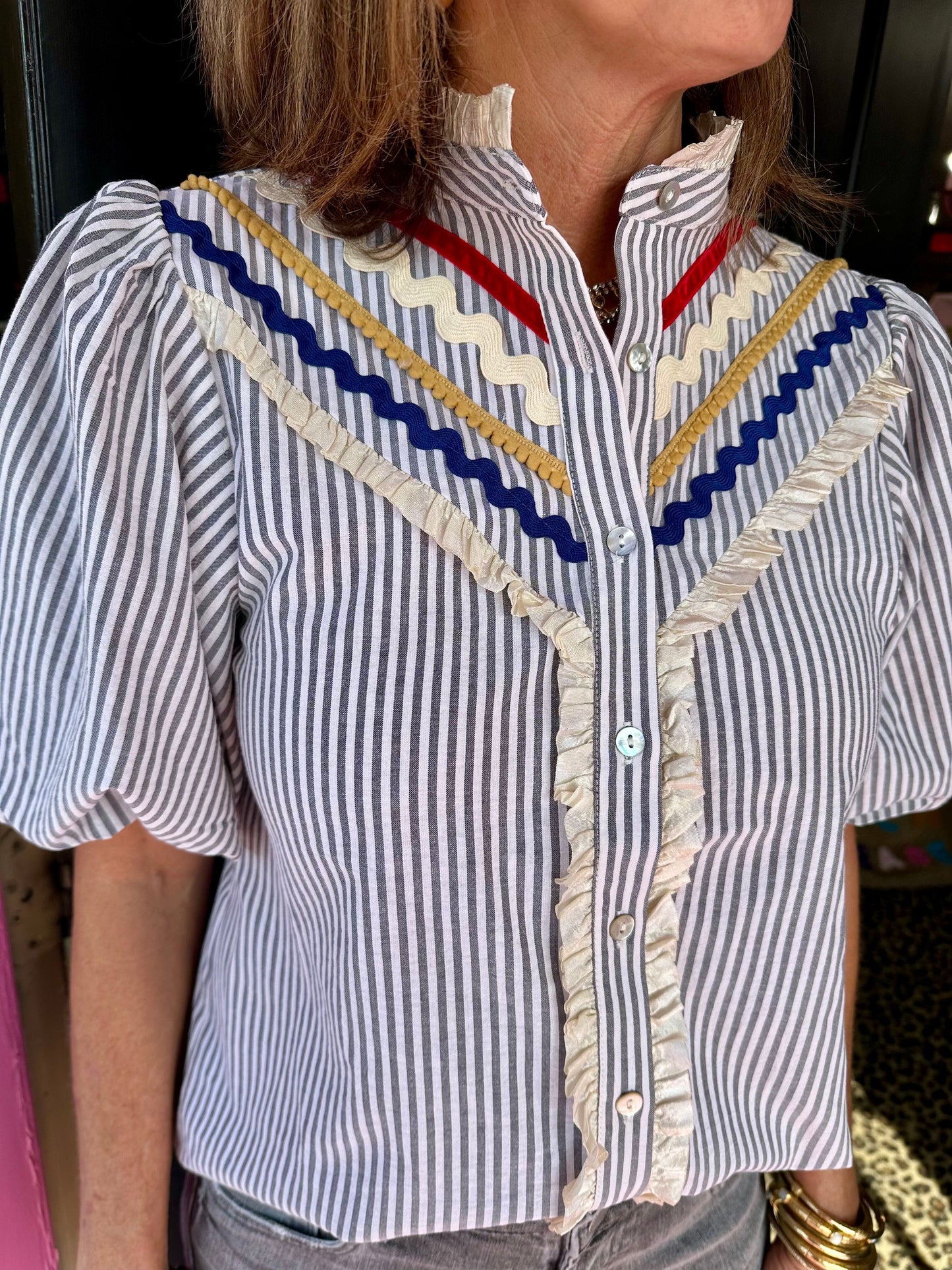 Grey Striped Puff Mixed Trim Top