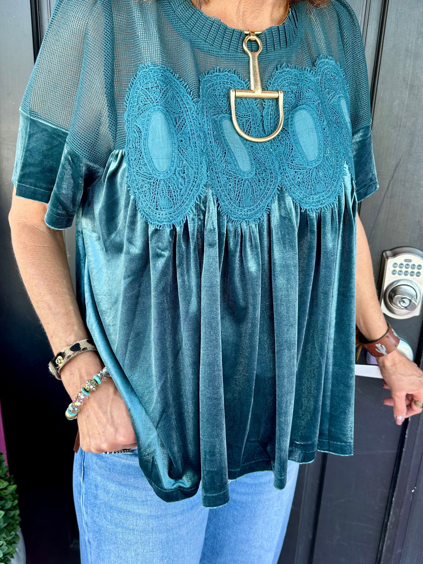 Lace Detail Velvet Babydoll Top