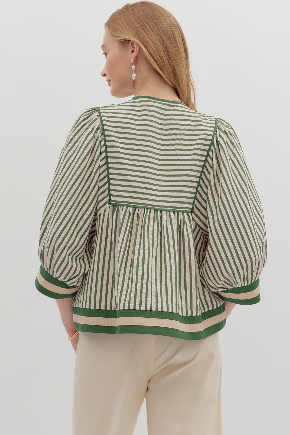 Green Stripe Tie 3/4" Sleeve Top