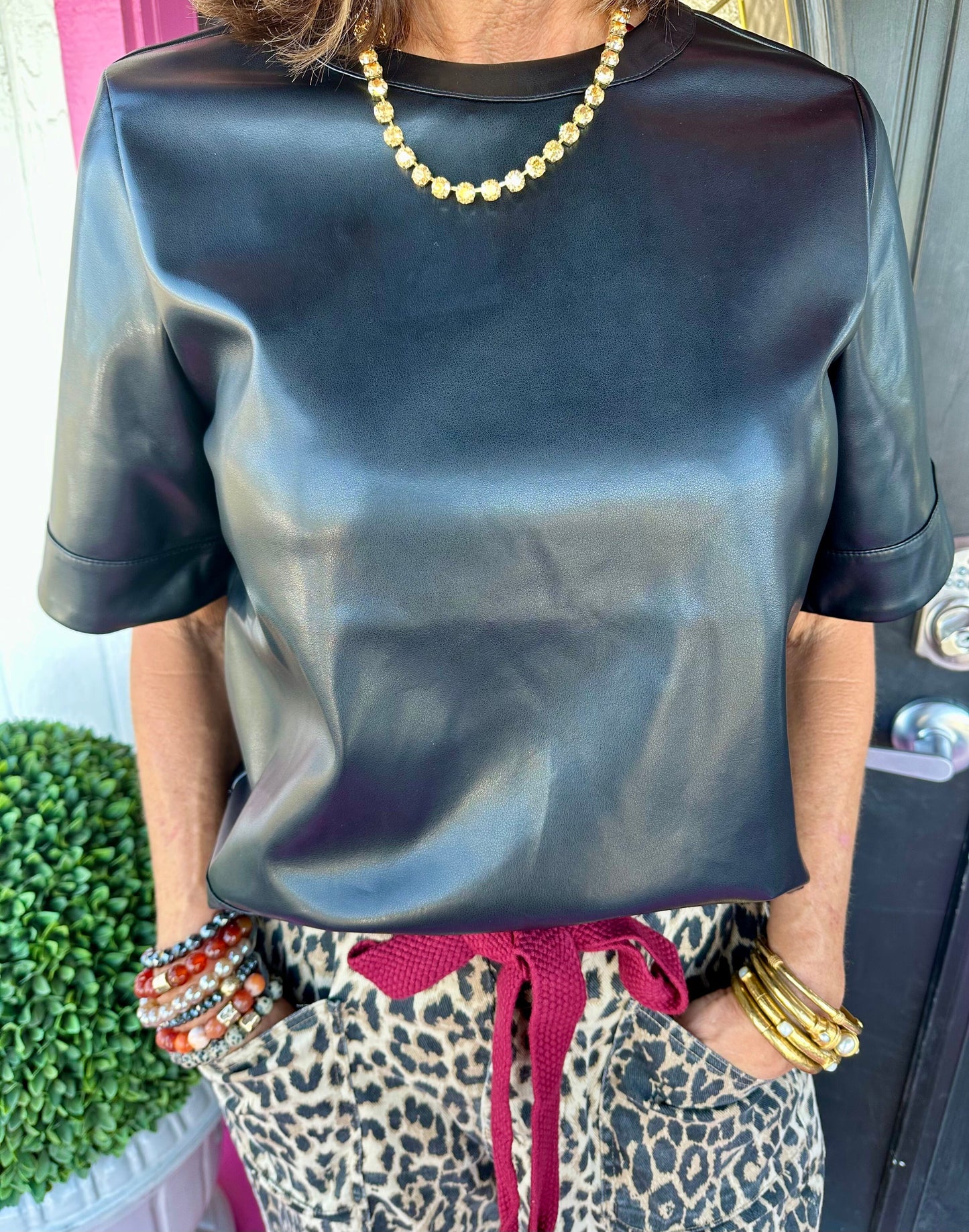 Black SS Faux Leather Top