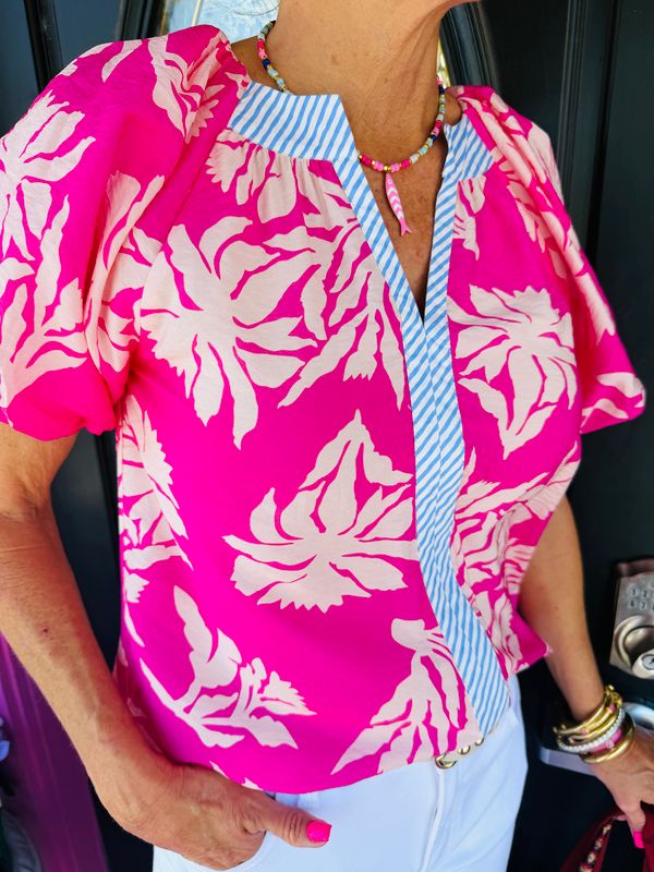 Pink Large Floral Puff Slv Top