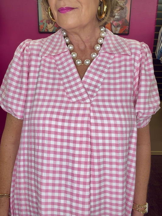 Pink Gingham Midi Dress