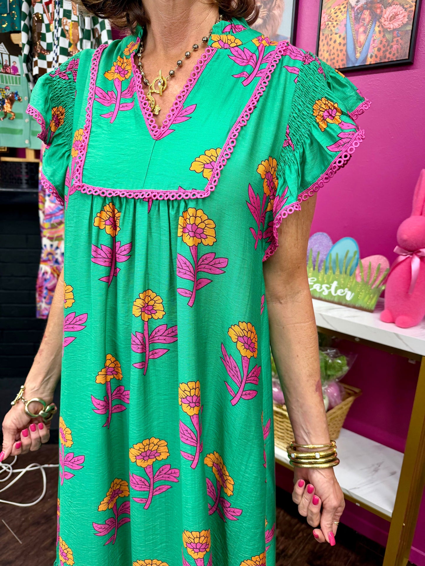 Green Floral Midi w/Lace Trim