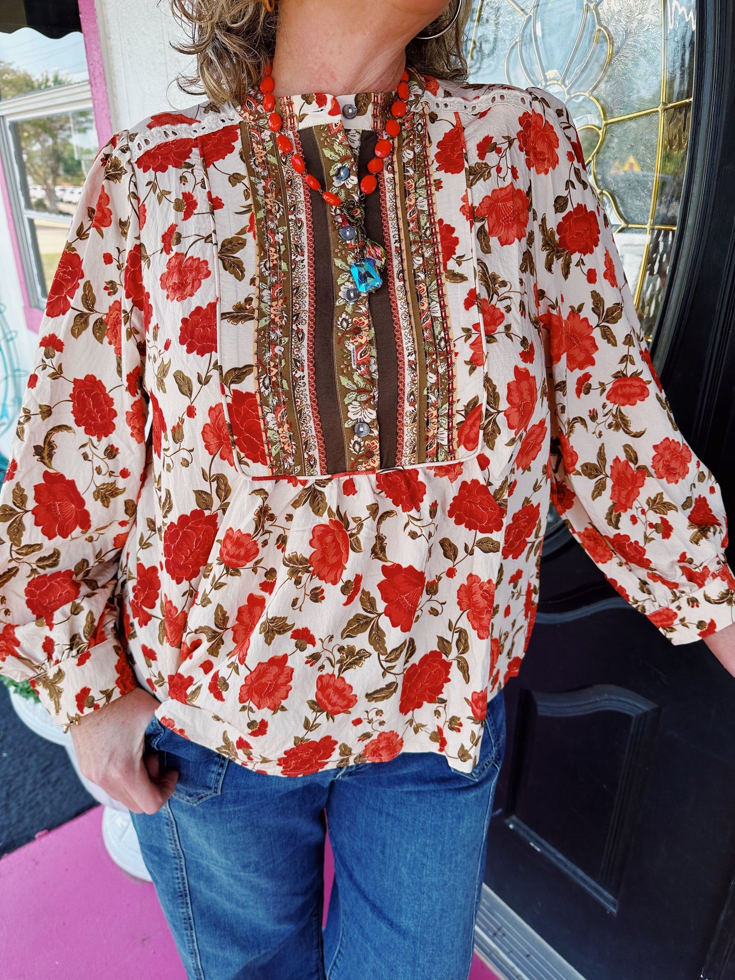 Ecru Rust Floral Print Button Top