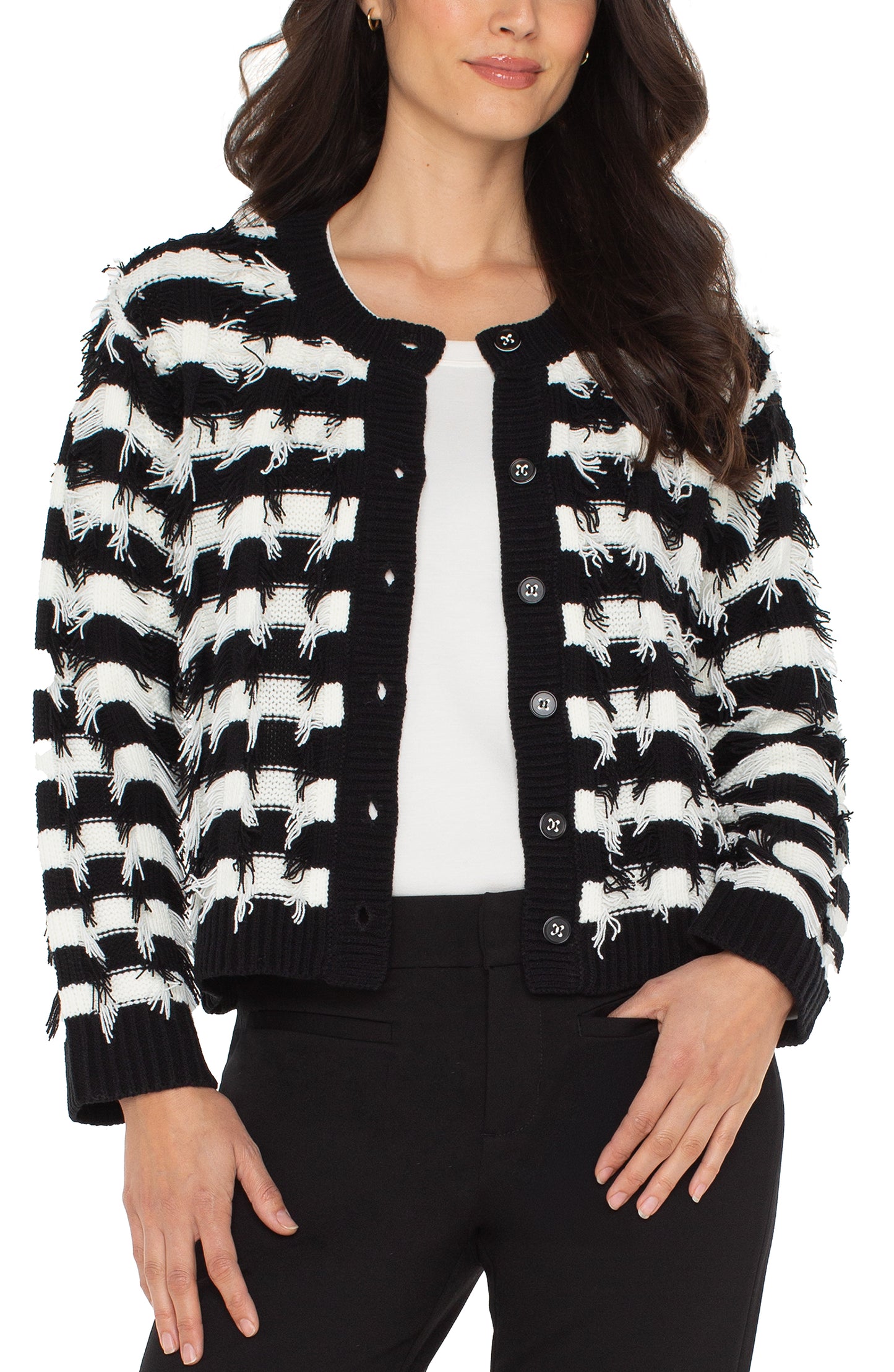 Black/White Fringe LS Cardigan