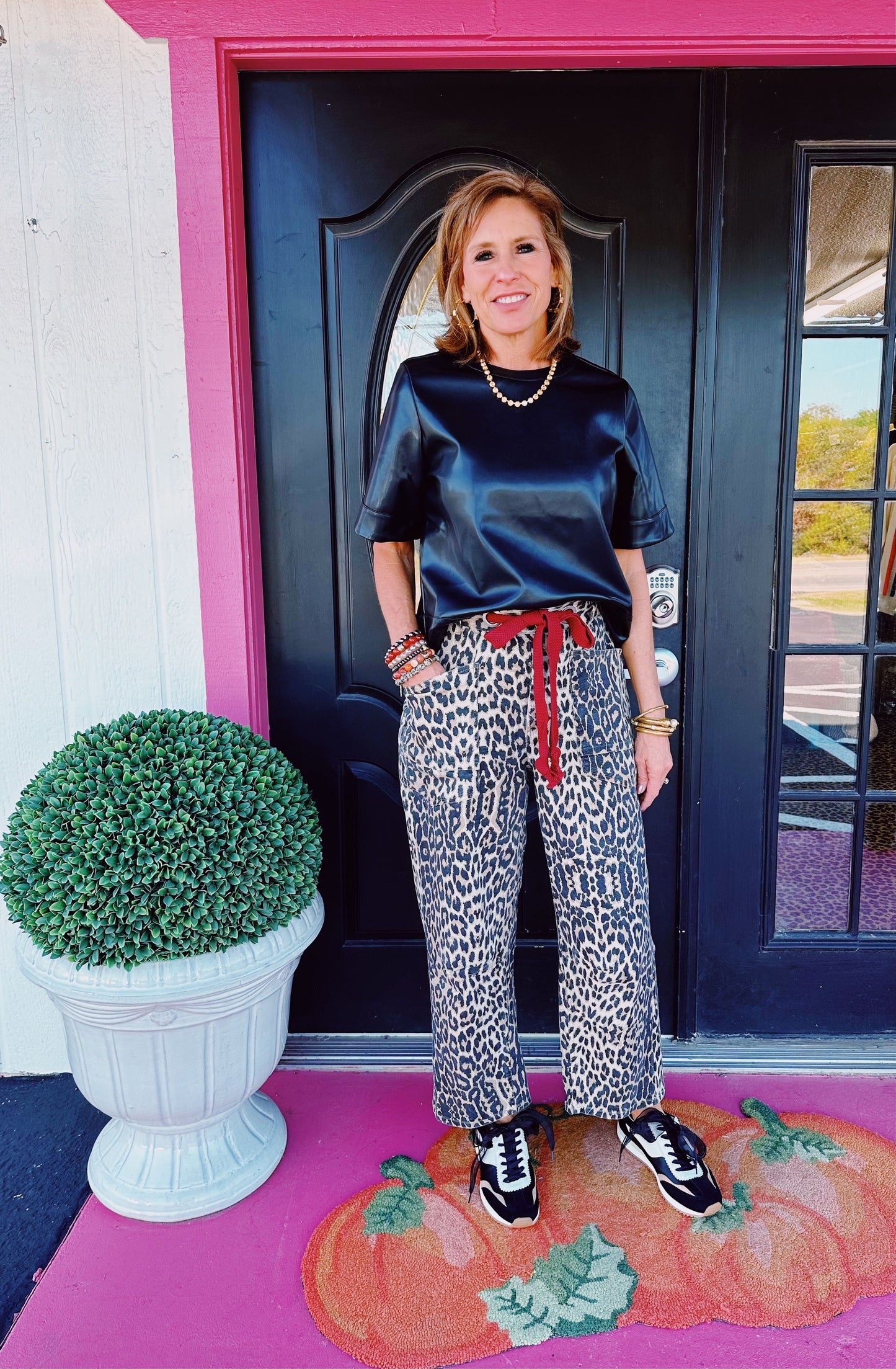 Leopard Tie Waist Barrel Jean