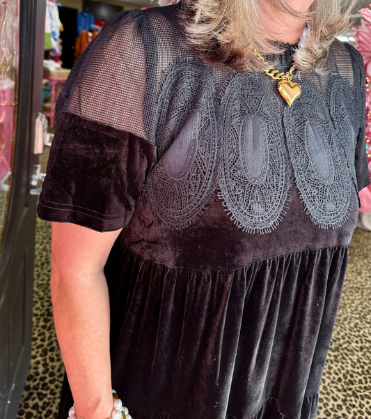 Black Mesh Lace Detail Mini Dress