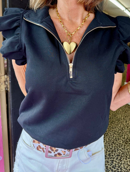 Black Scallop Ruffle Slv Top