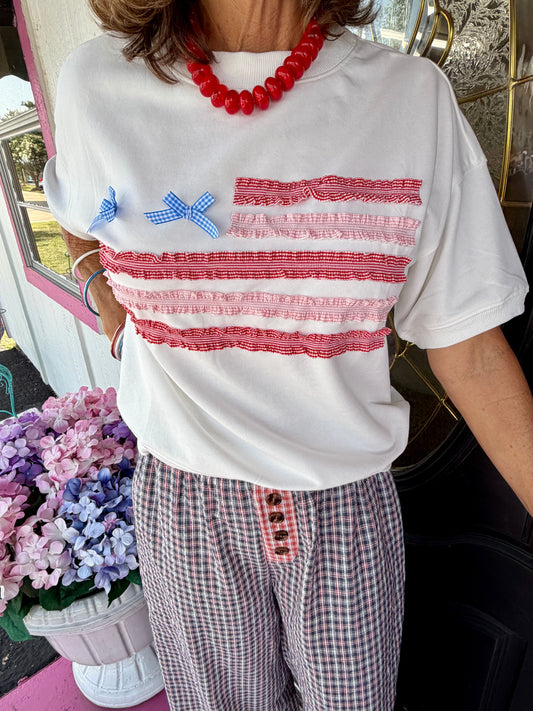 White SS Sweatshirt w/Ribbon Flag