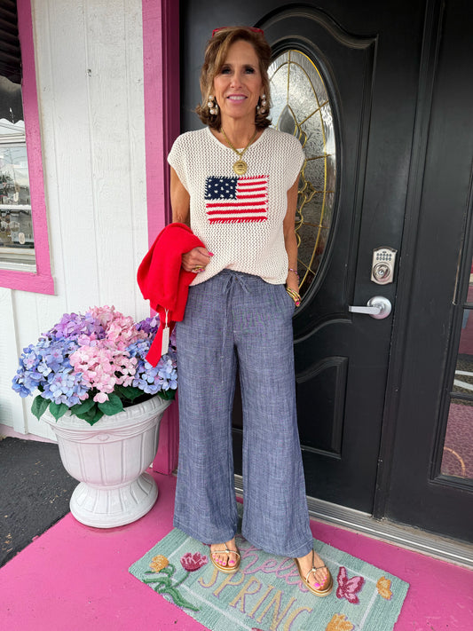 Navy String Tie Straight Pant