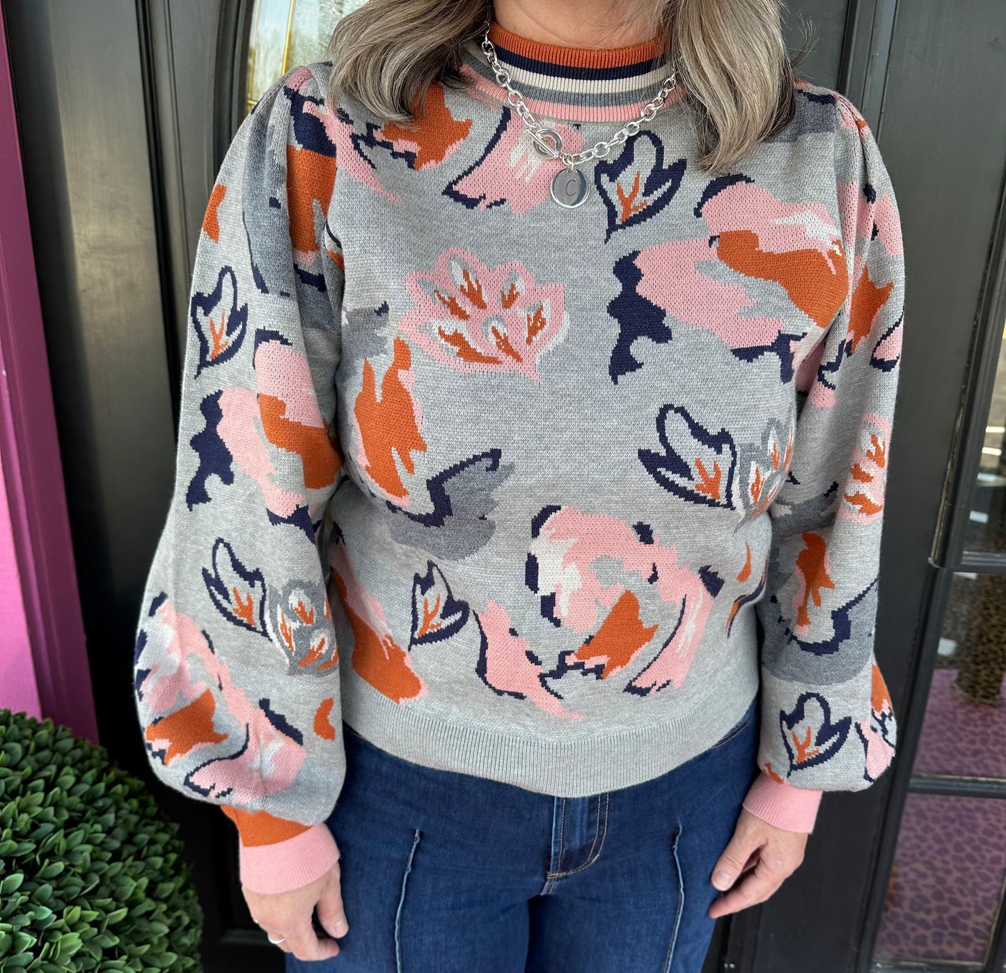 Gray Pink LS Pattern Sweater