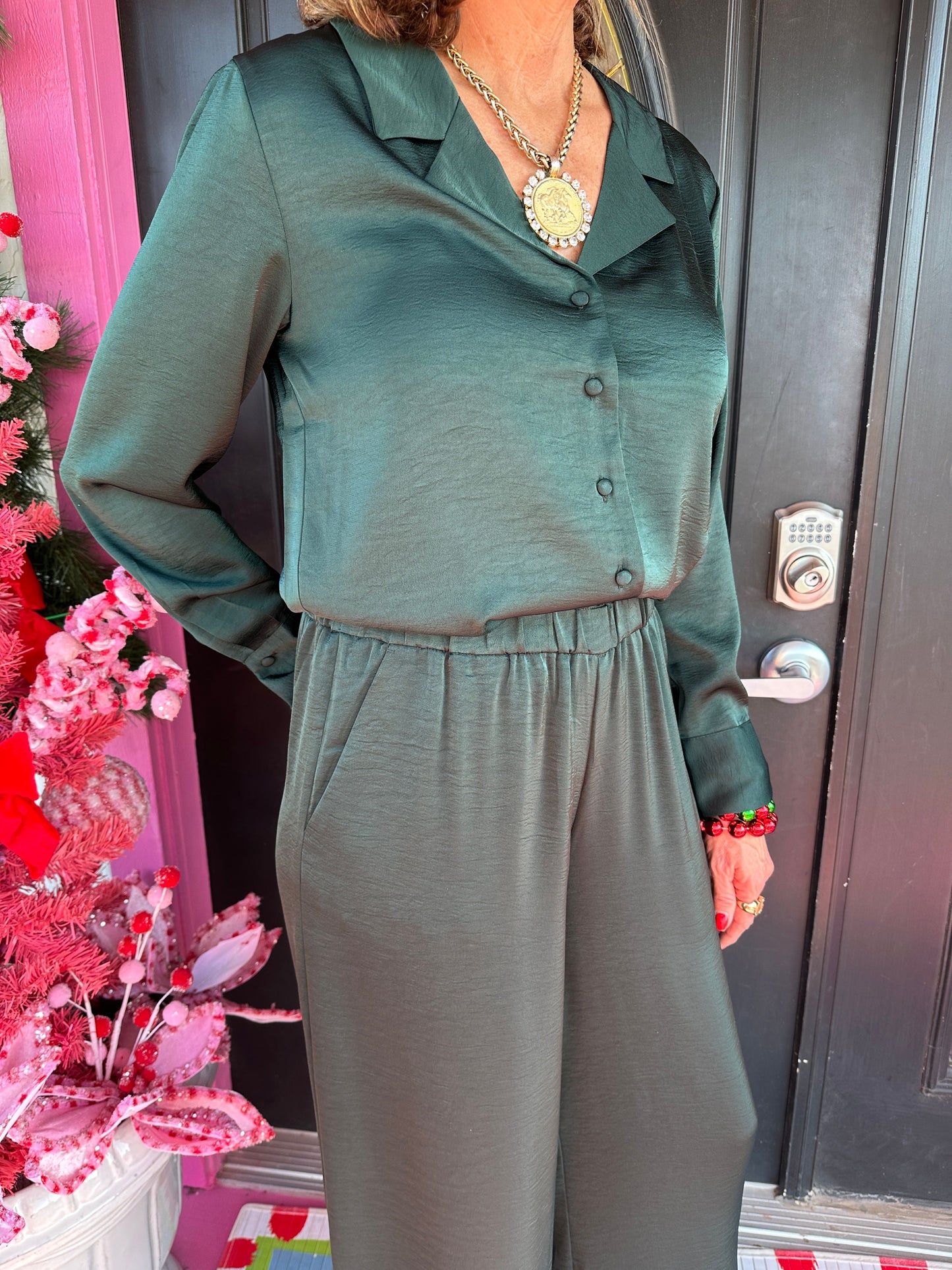 Satin Garland Green Pant Set