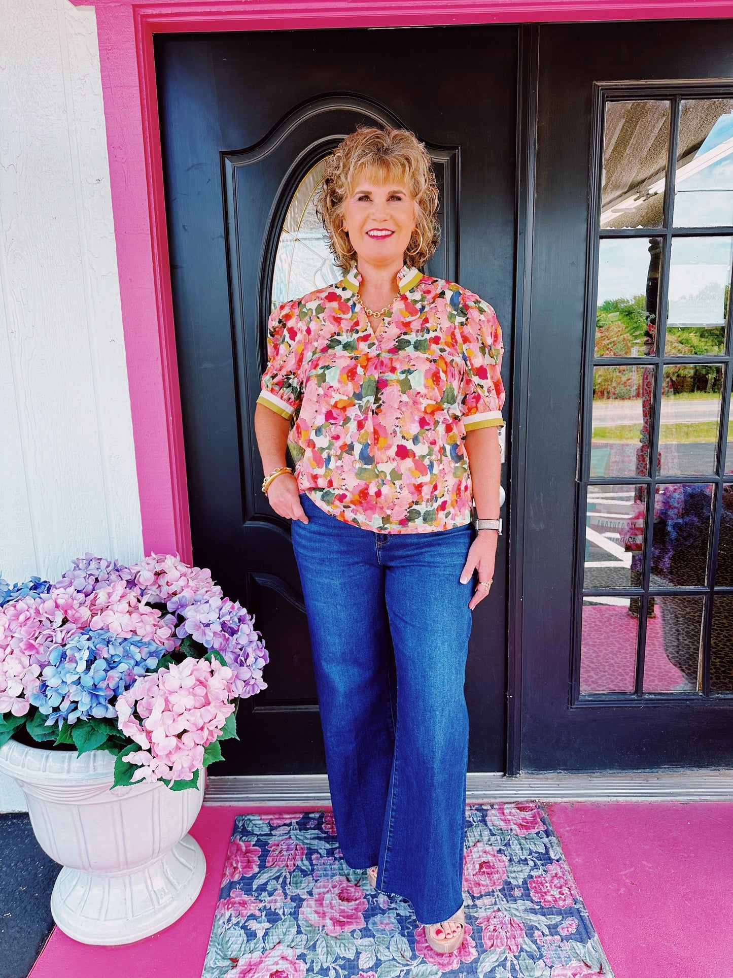 Pink Floral Olive Trim Top