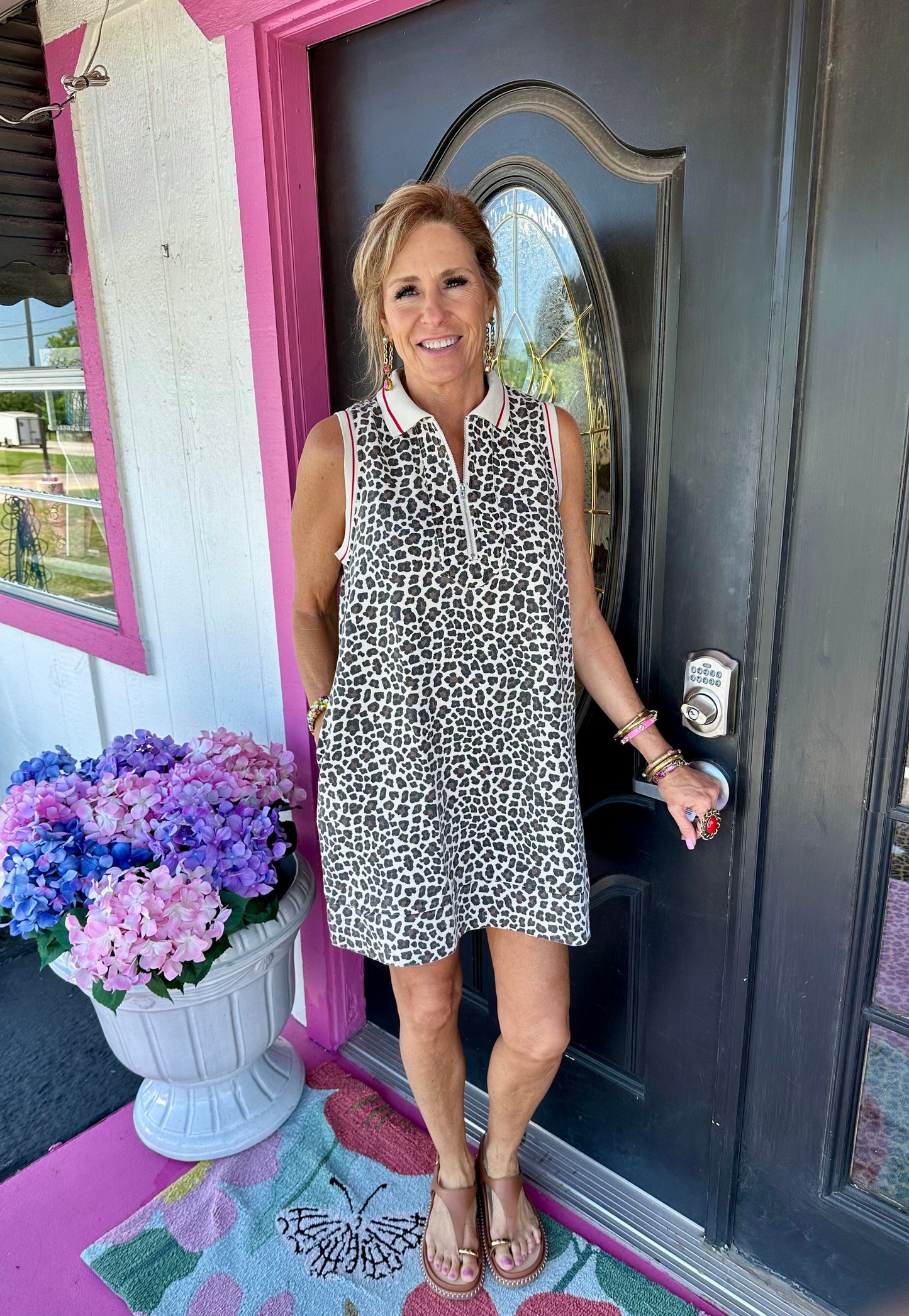 Red Trim Leopard Slvless Dress