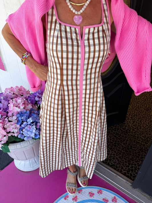 Brown Thin Strap Gingham Dress