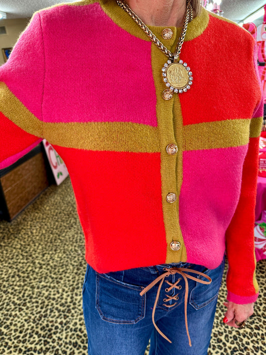 Red/Pink Colorblocked Cardigan