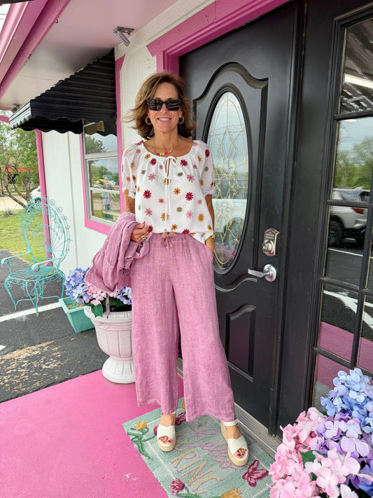 White With Flowers SS Tie Top