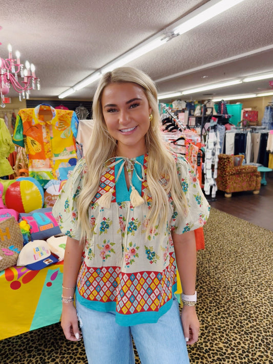 Puff Sleeve Floral Tie Tassel Top