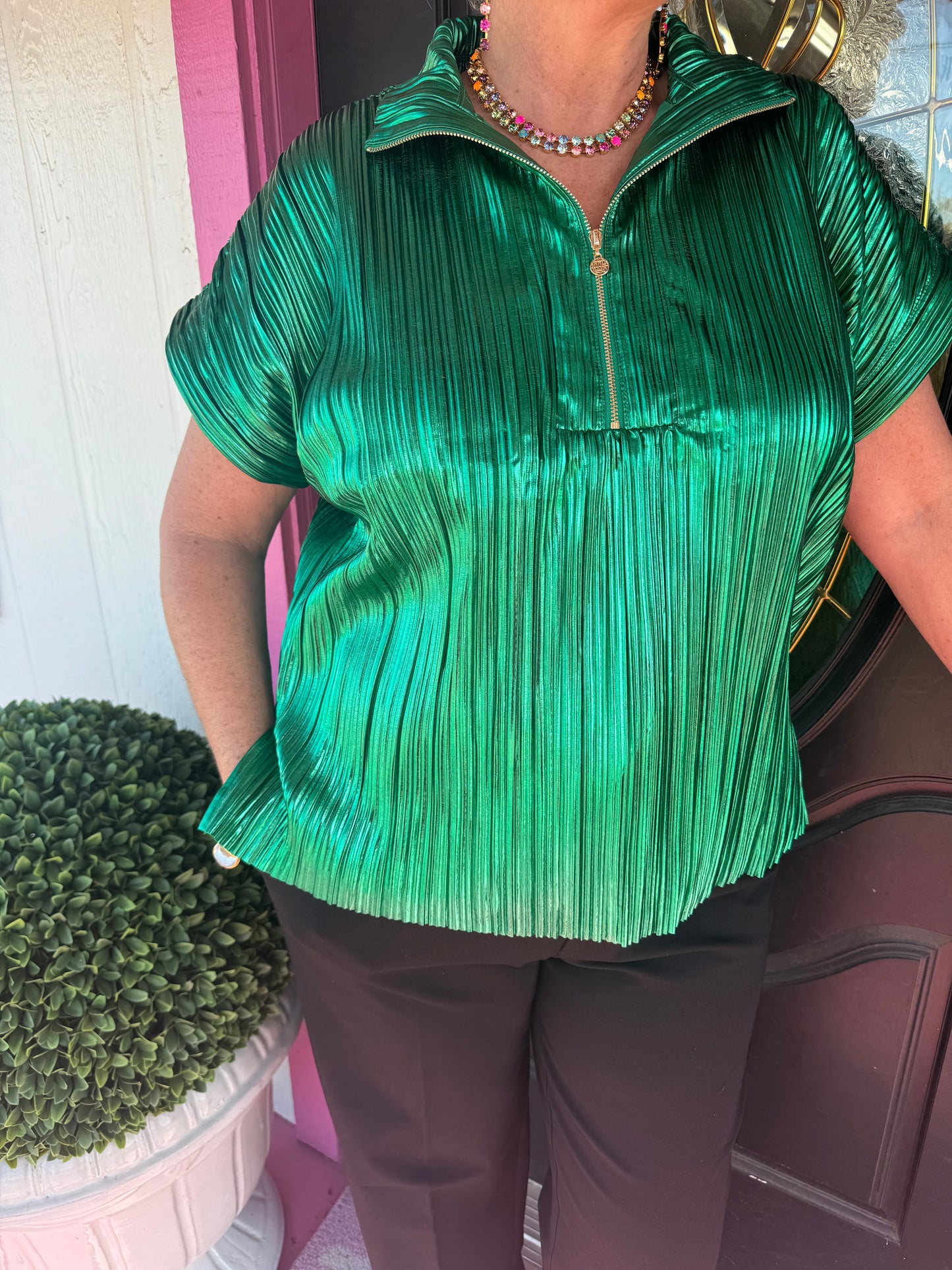 Poppy Green Crinkle Pullover