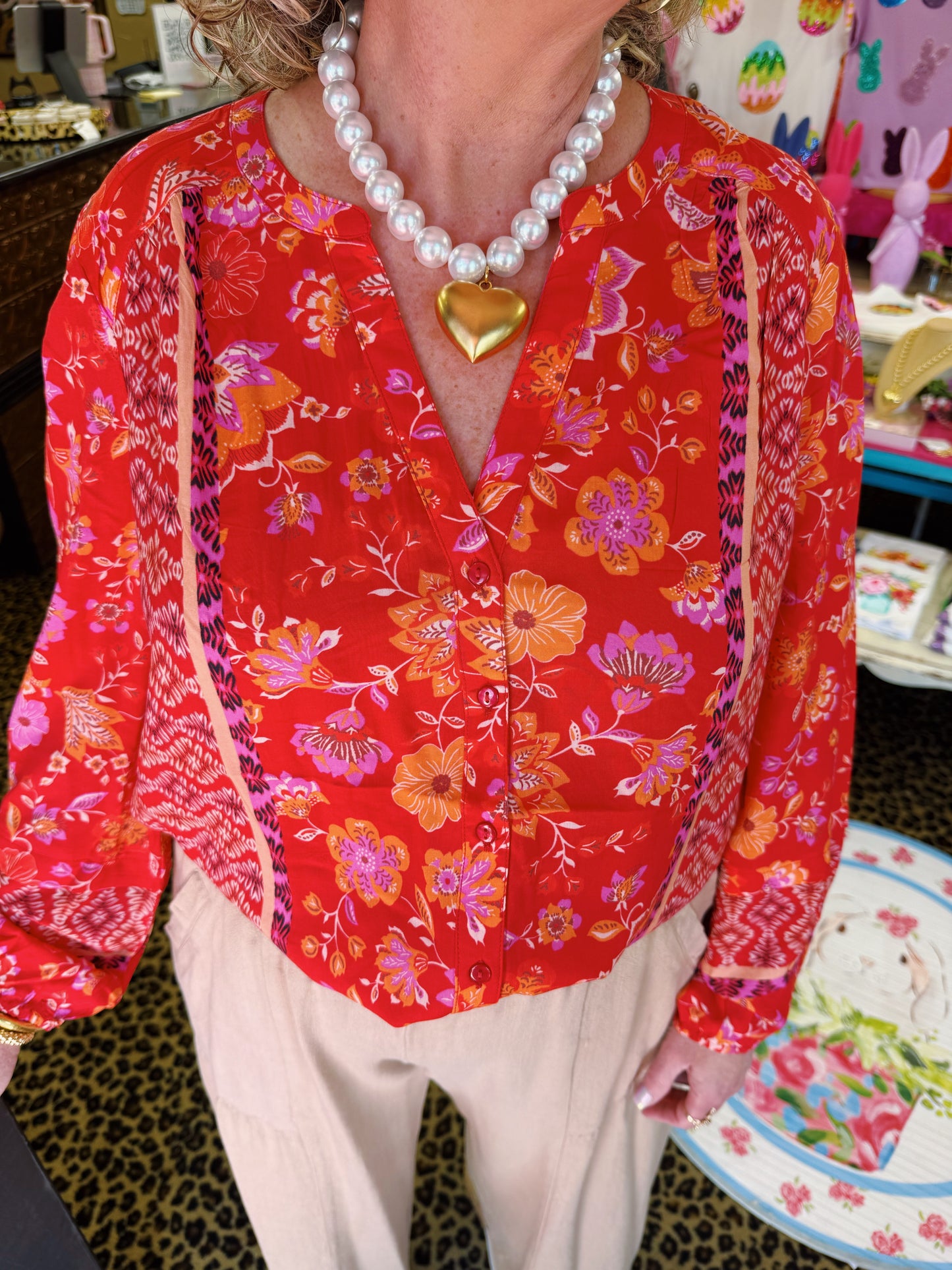 Red Floral LS Button Blouse