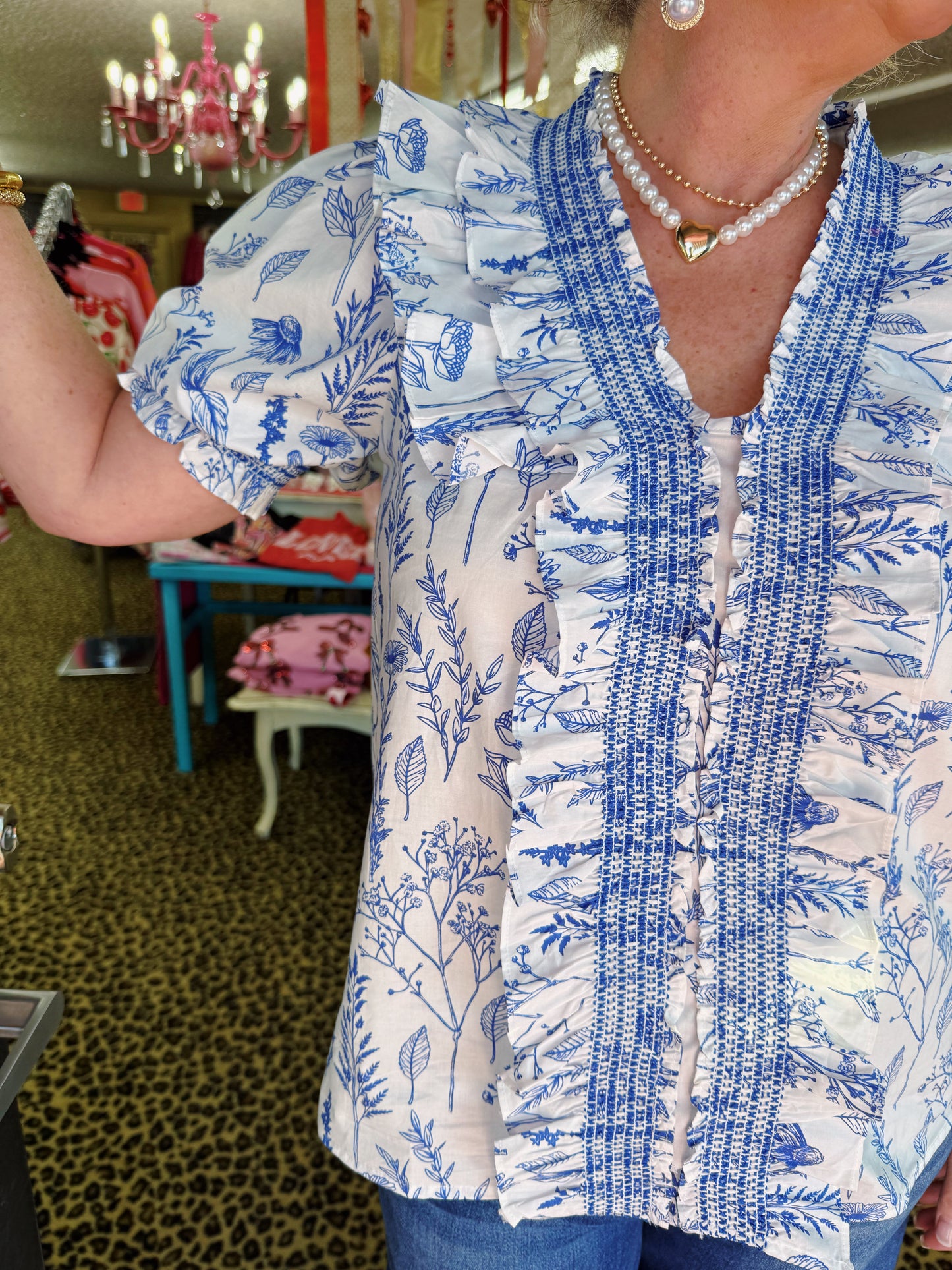Blue/White Elastic Front Top