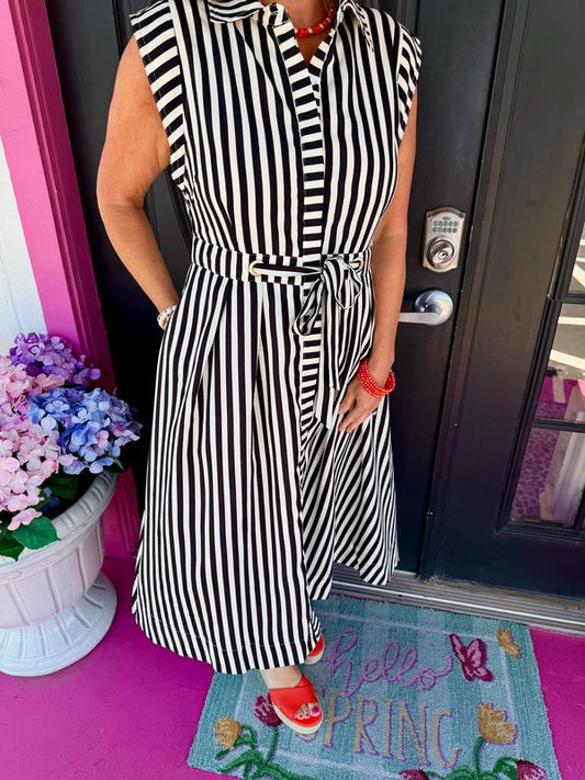 Black Stripe Tie Waist Midi
