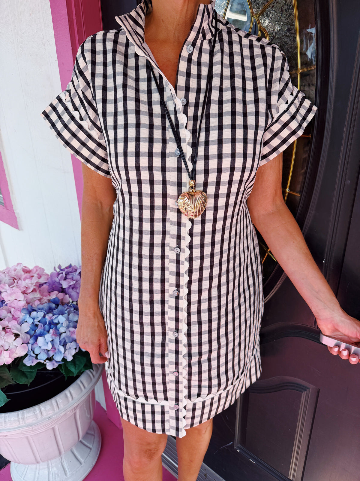 Black Plaid SS Belted Mini Dress