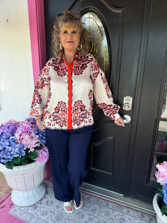 Coral Back Stripe Satin Blouse