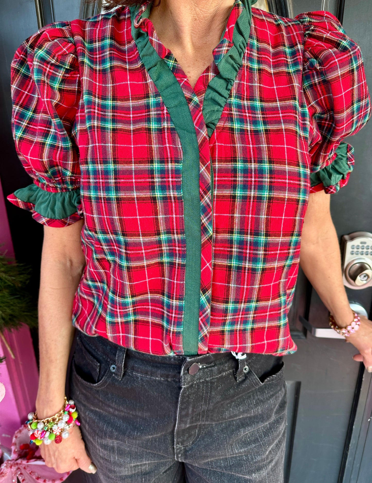 Red Plaid Ruffle Detail SS Top